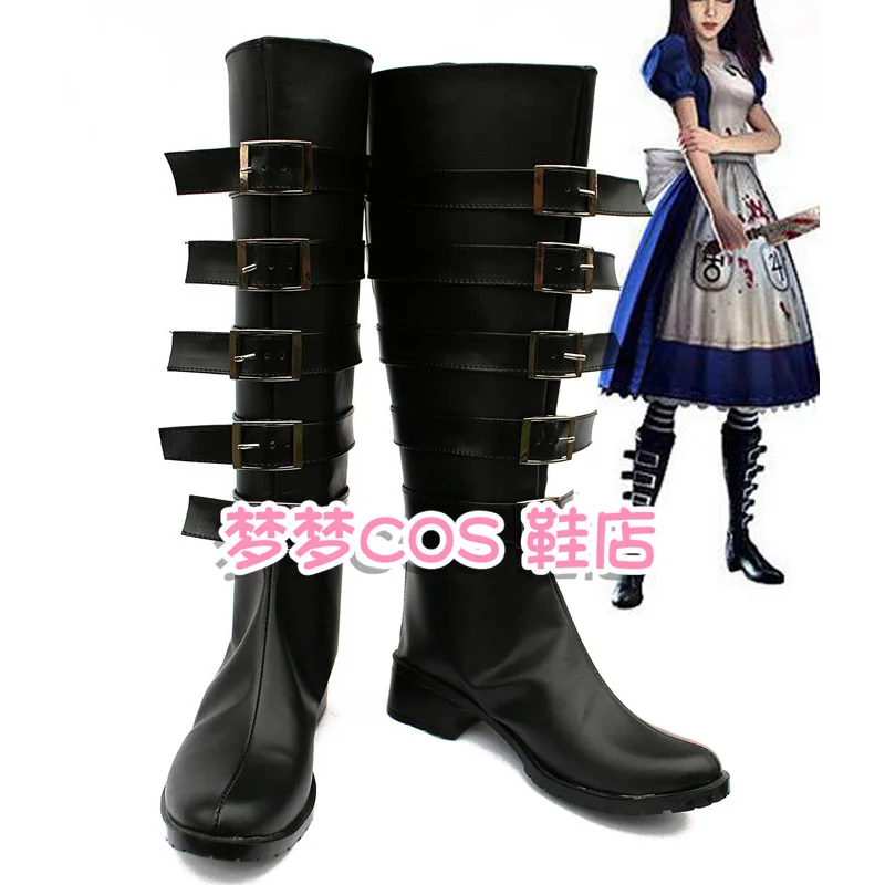 Anime Alice: Madness Returns Alice Cosplay Shoes Black Medium-long PU Leather Flat Sole Boots For Halloween Carnival