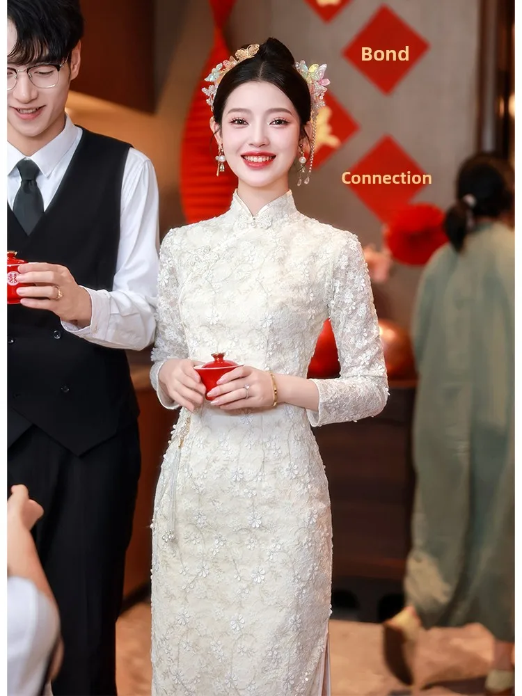 

Champagne Color Wedding Dr New Chinese Sle Long Sve Bride Gown Autumn Winter Ele Pearl Embellied Fro