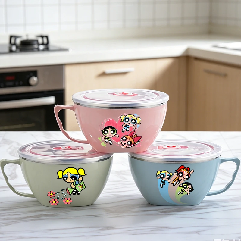 The Powerpuff Girls  Noodle Bowl Large Capacity Stainless Steel Bowl Double-layer Heat Protection Instant Food Storage Container