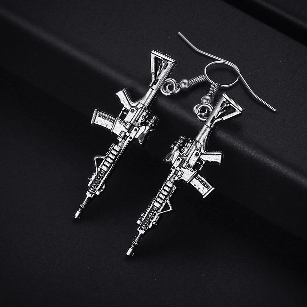 Trendy Vintage Rifle Gun Shape Dangle Antique Silver Plated Earrings for Women Girl Retro Drop Earrings Cute Earring Jewelry