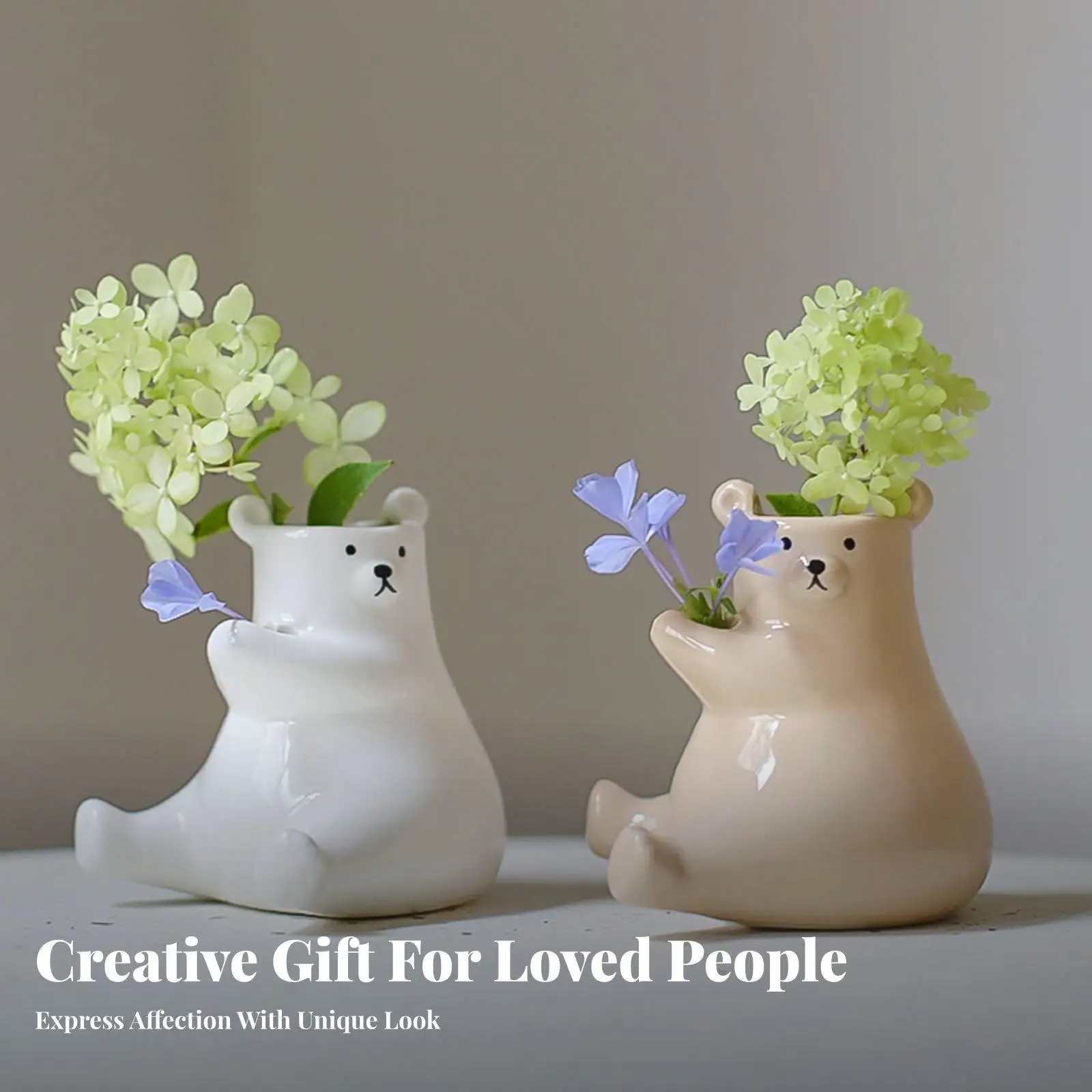 Ceramic Bear Vase Cartoon Design Cute Bear Flower Holder Gift Small Water-Cultivated Pot for Office Desk, Windowsill, Bookshelf