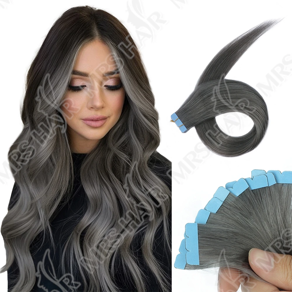 

MRSHAIR Мини-лента для наращивания волос, темно-серая натуральная лента для наращивания волос, боковая лента для волос, 12-20 дюймов, 10 шт./упак.