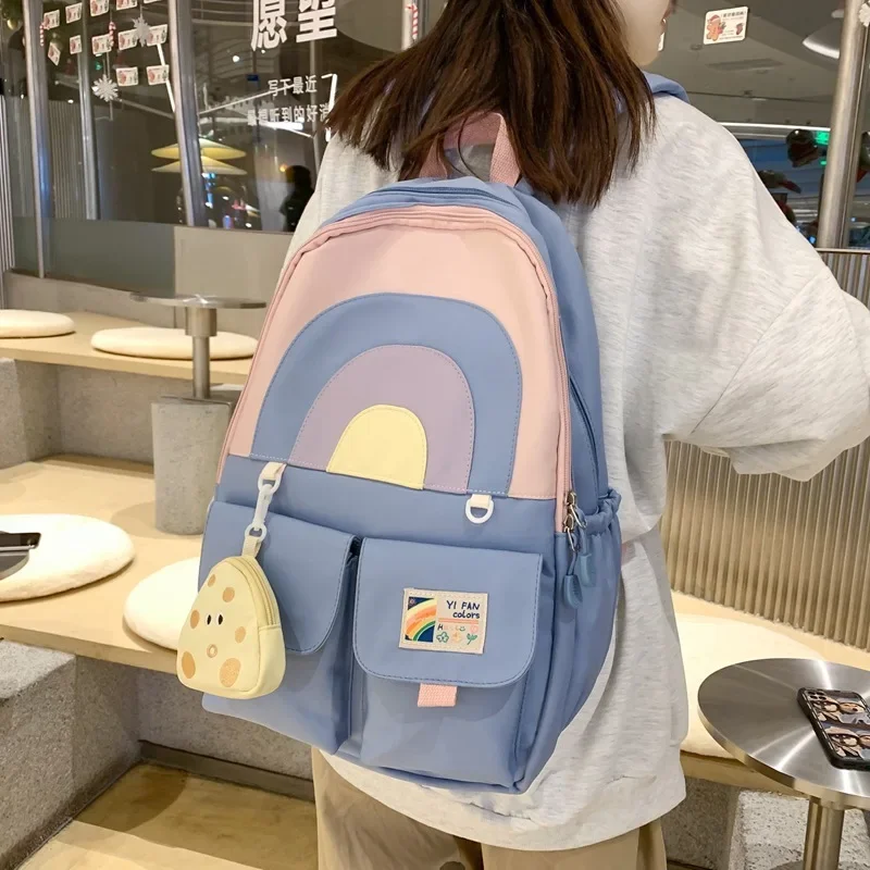 Mochila escolar colorida para estudiantes escolares femeninas, mochila escolar japonesa Simple de gran capacidad con corte de arcoíris y colgante de monedero de queso