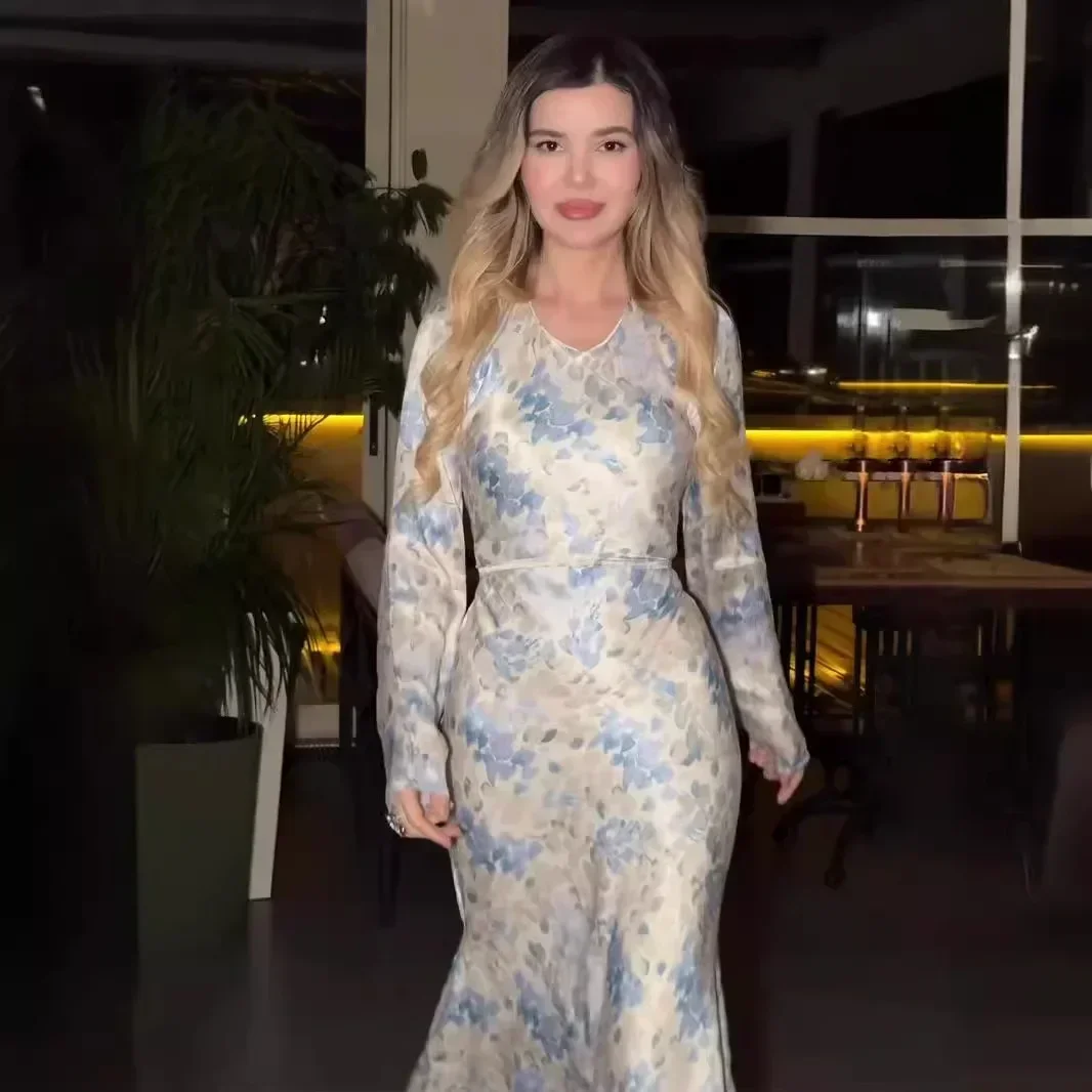 Robe de soirée en satin imprimé floral vintage pour femmes, manches longues, col en V, taille amincissante, mode