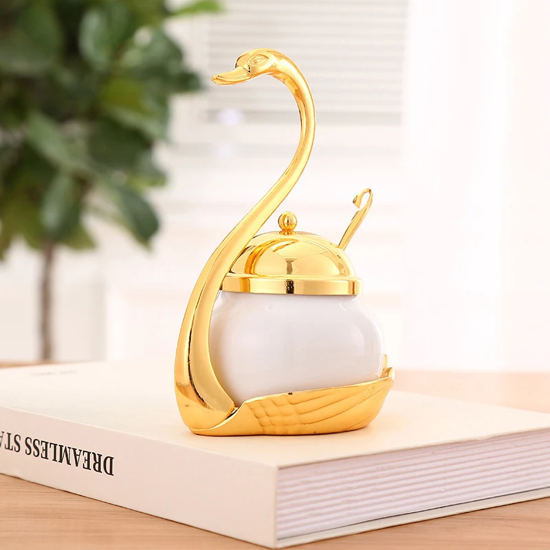 

1pcs Golden Swan ceramic sugar cup seasoning jar coffee, sugar, salt, pepper storage for home creative restaurant kitchen tools