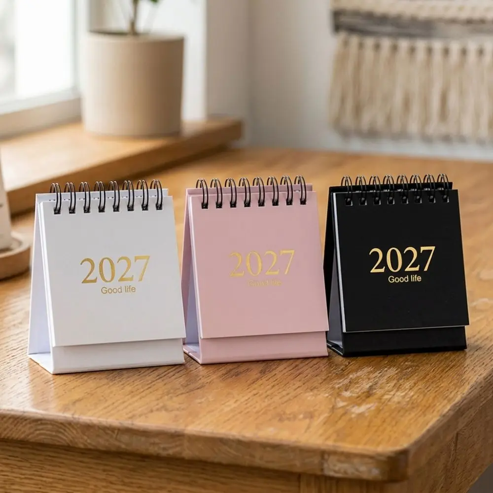 Simple 2027 Mini Desk Calendar with Stickers Stand-Up Gold Foil Spiral Calendar Portable Daily Schedule Office Desktop Calendar