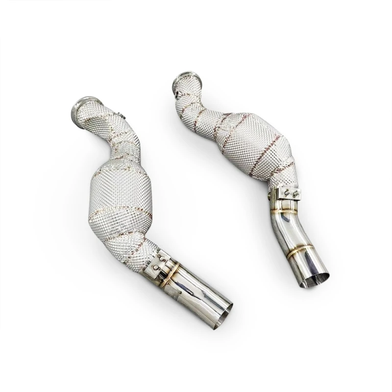 Catalytic downspout with heat shield suitable for Maserati GTS car exhaust system