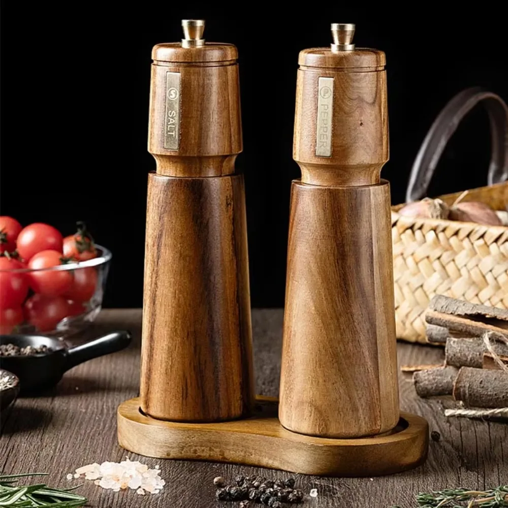 Manual Acacia Wood Pepper Mill Set Ceramic Core with Base Pepper Grinding Bottle Adjustable Particle Size Seasoning Bottle Steak