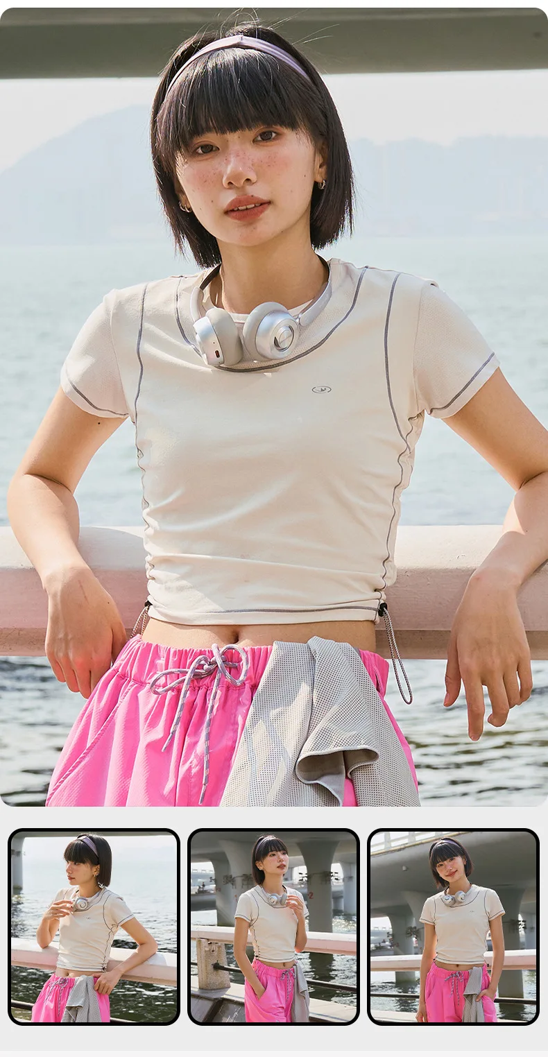 Schnell trocknendes, schmal geschnittenes Crop-Top für Damen – atmungsaktives Sport-T-Shirt mit Kontrastnähten für Fitness und Laufen – Detail 1