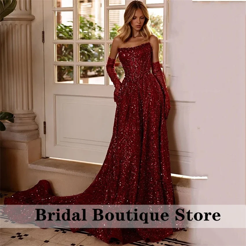 

Elegant Wine Red Luxury Evening Dresses 2025 With Gloves Beading Crystals Wedding Party Gown Prom Gown Customized