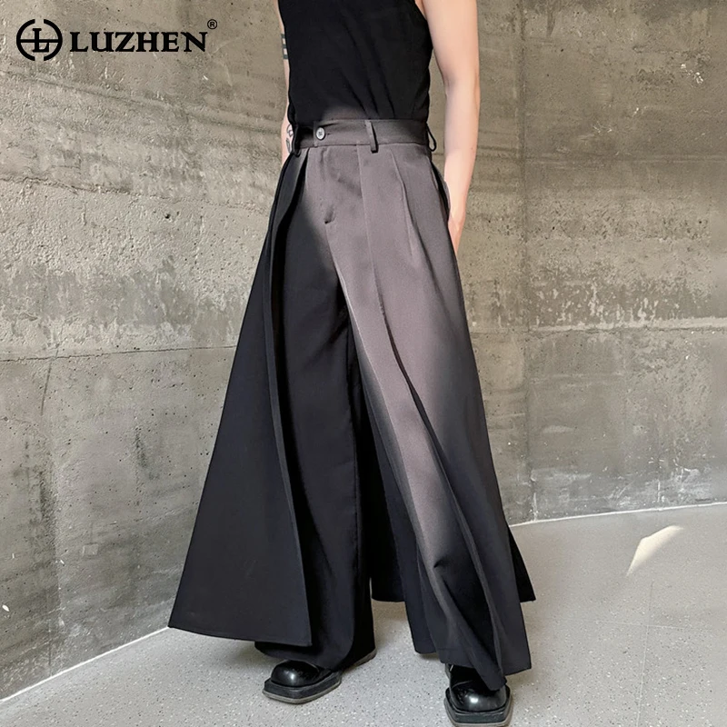 

LUZHEN 2024 Spring Ruched Design Wide Leg Pants Men Original Solid Color Baggy Splicing Trendy Street Straight Trousers LZ1774