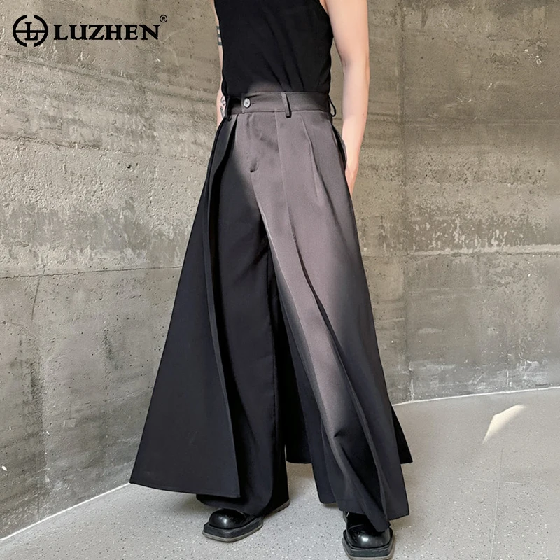 

LUZHEN 2024 Autumn Ruched Design Wide Leg Pants Men Original Solid Color Baggy Splicing Trendy Street Straight Trousers LZ1774