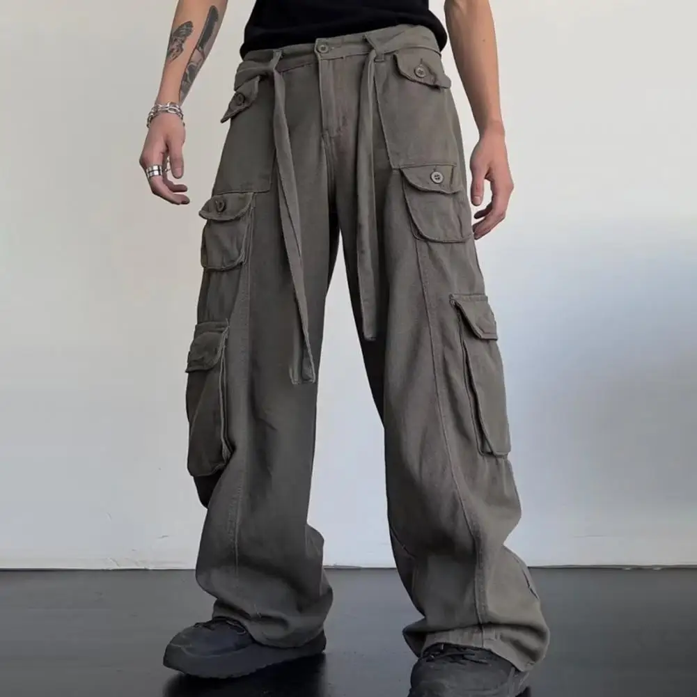 

Casual Male Pants Versatile Men's Cargo Trousers Stylish Solid Color Multiple Pockets Loose-fit Straight Pants for Spring Autumn