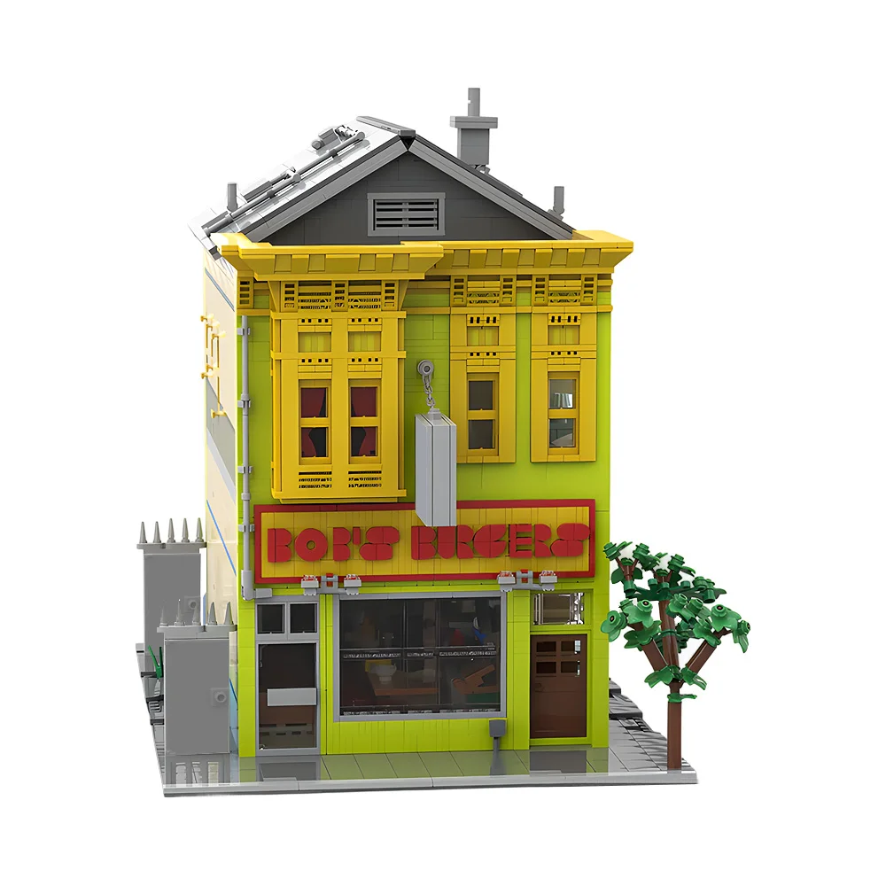 MOC Bob's Burger Haus Modell Bausteine Kreative Street View Burger Restaurant Wohnung Architektur Ziegel Spielzeug Geschenk