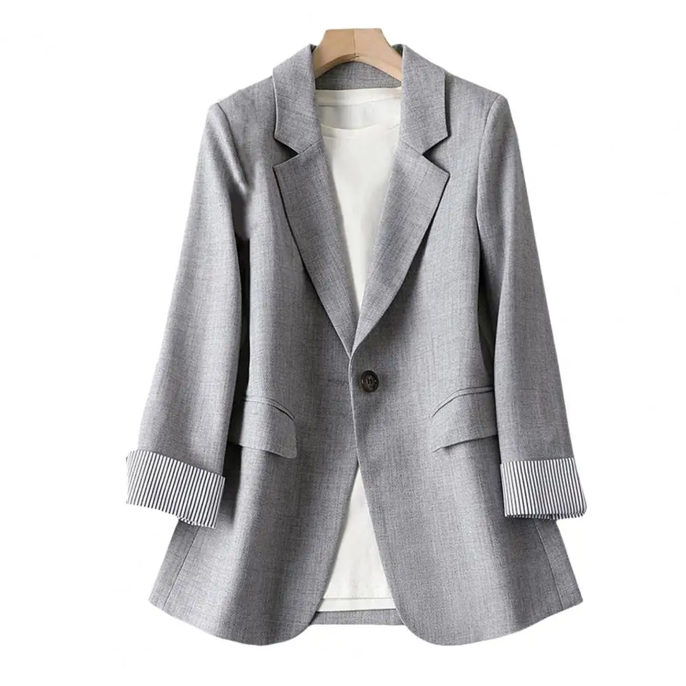 Striped Cuff Suit Jacket Elegant Women's Suit Coat with Lapel Collar Striped Cuffs Single Button Closure Flap for Commuting