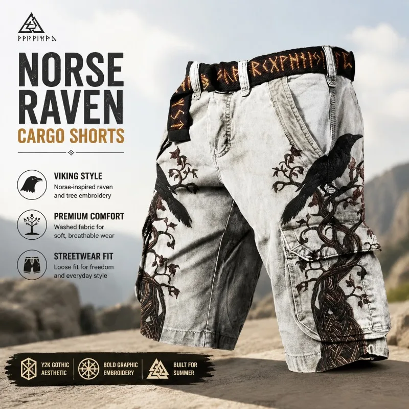 Men's Norse Raven Cargo Shorts Y2K Gothic Viking Embroidery Tree Graphic Streetwear Loose Washed Summer Bottoms No Belt