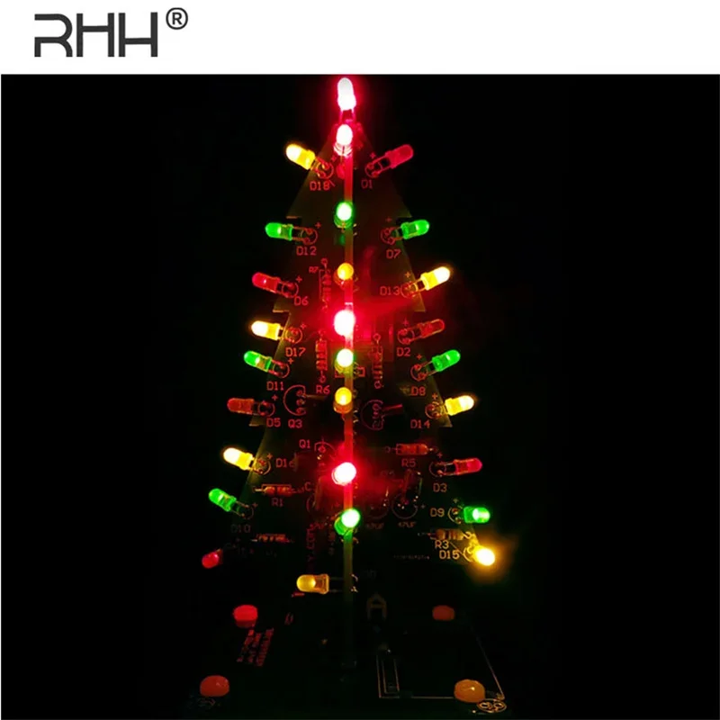 Three-Dimensional 3D Colorful Christmas Tree DIY Kit Red/Green/Yellow 3 Colors LED Water Lamp Flash Circuit Electronic Fun Suite