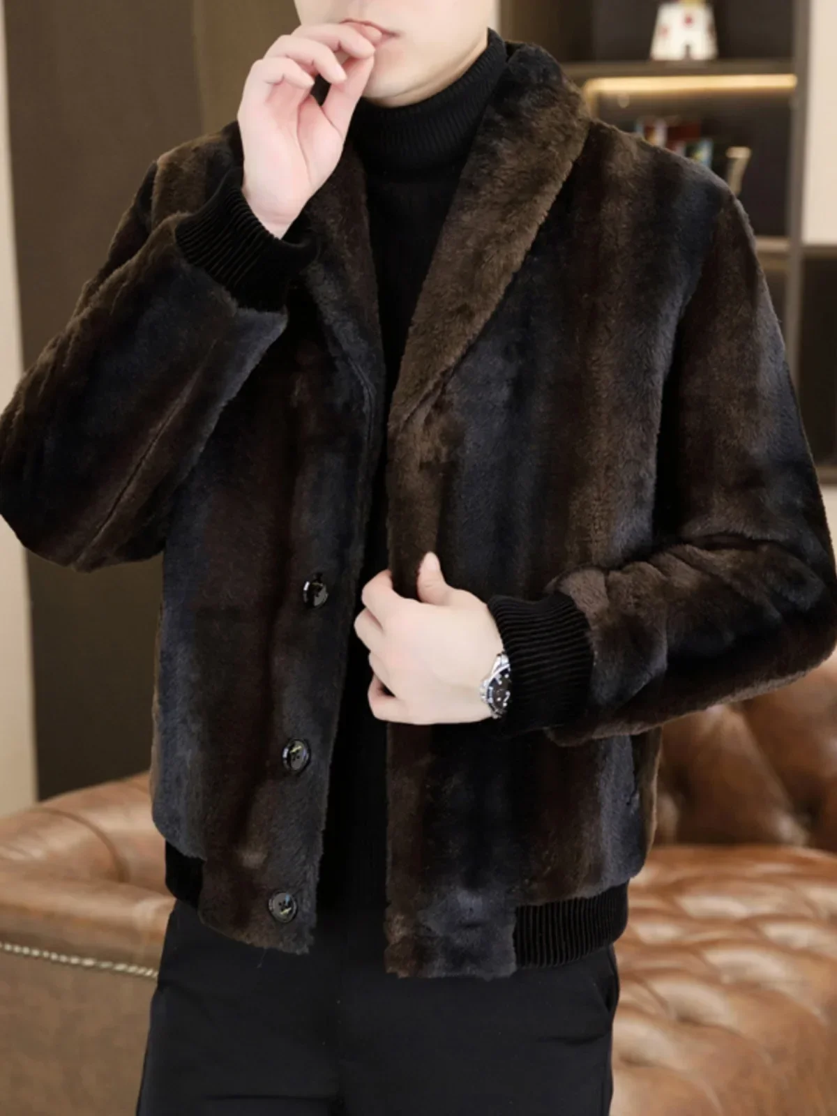 2024 Men Winter Fashion Plus Velvet Faux Fur Coats Male Korean Slim Fit Short Overcoats Mens Imitation Fur Warm Jackets G624