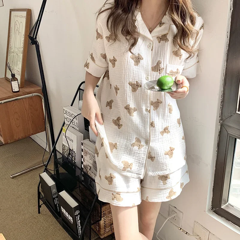 Cartoon Bear Summer Pajamas Set Women Kawaii Funny Home Suit Soft Single Breasted Kawaii Shirts + Shorts Set Two Piece Sleepwear