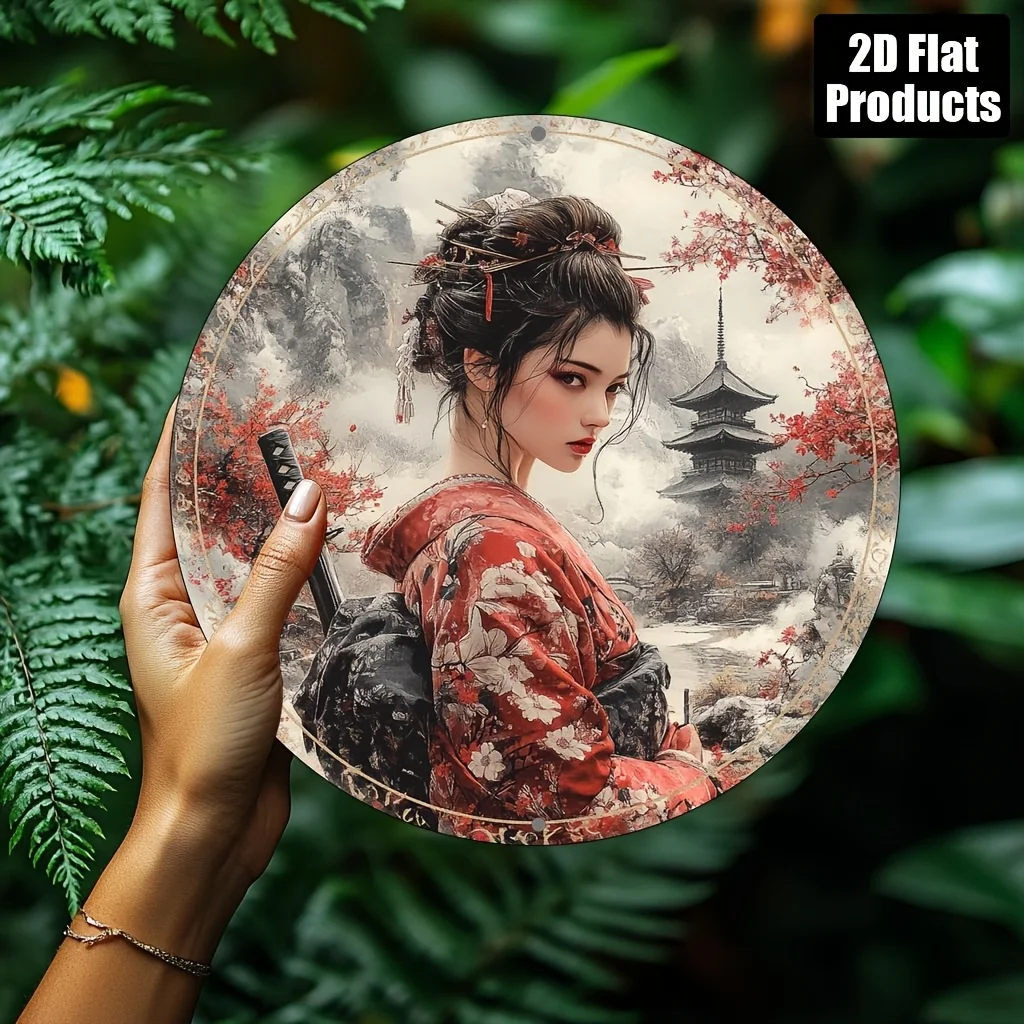 Vintage Japanese Geisha Samurai Round Tin Sign, Retro Distressed Red Kimono Cherry Blossom Pagoda Mountain Landscape Metal Wall