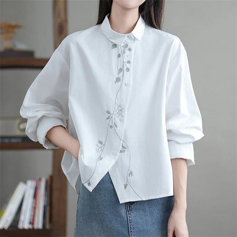 Spring Summer Shirt Jacket 2024 New Lapel Single-Breasted Women's Clothes Top Fashion Chinoiserie Embroidery Female Blouse