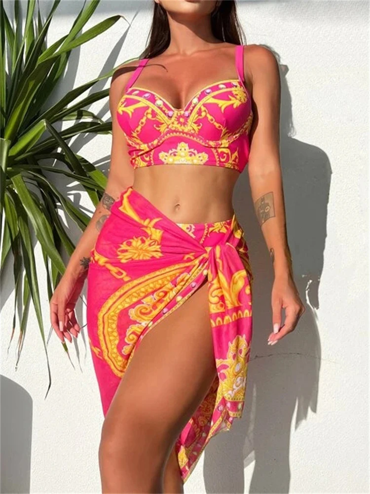 Bikini Women Swimsuit 2024 New Print Sling Bikinis Set Sexy High Waist Swimwear Summer Three Piece Beachwear Bathing Suit Female