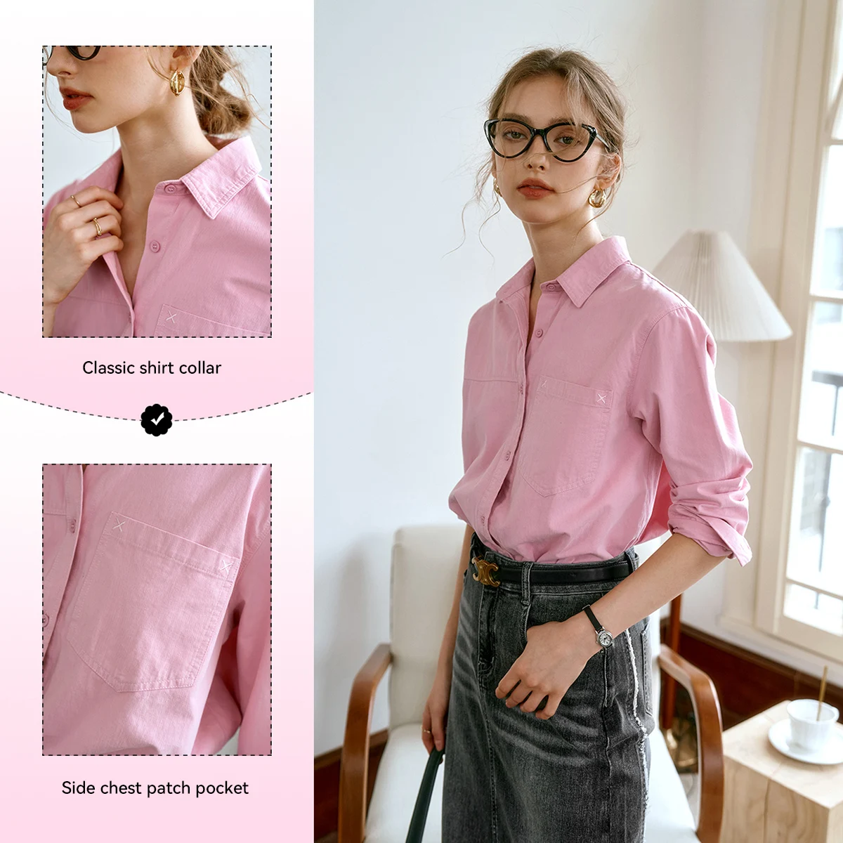 OLrain 100% Cotton French Shirt Women's 2025 Autumn Turn Down Collar Long Sleeve Blouse Casual Solid Loose Fit Tops O24QC92953