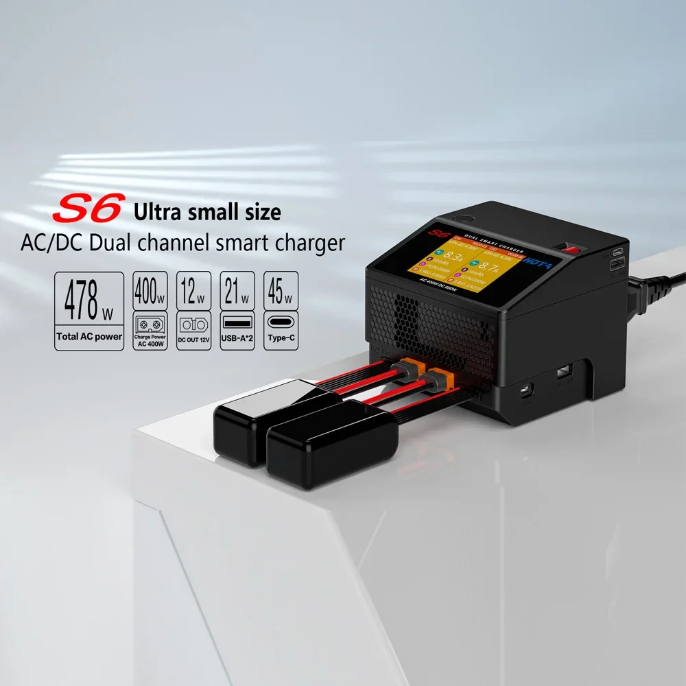 SkyCityFPV HOTA S6 AC 400W 15A DC 2X325W 채널 스마트 배터리 충전기 방전기 레이싱 드론 RC 쿼드콥터 Type-C 출력 45W
