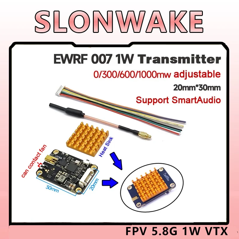 SLONWAKE 5.8G 48CH Long Range FPV 1W VTX - 0/300/600/1000mW Switchable 2-4S Power, Drone FPV Accessory