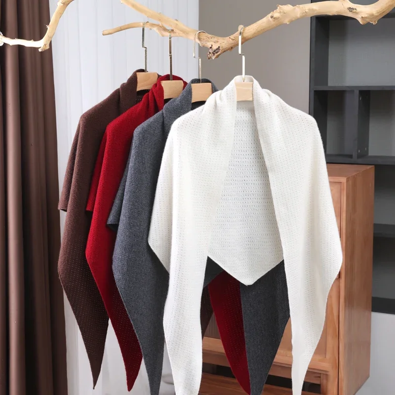 

Женский большой треугольный шарф из 100% кашемира, шаль, теплый мягкий вязаный однотонный ажурный зимний аксессуар для рубашек