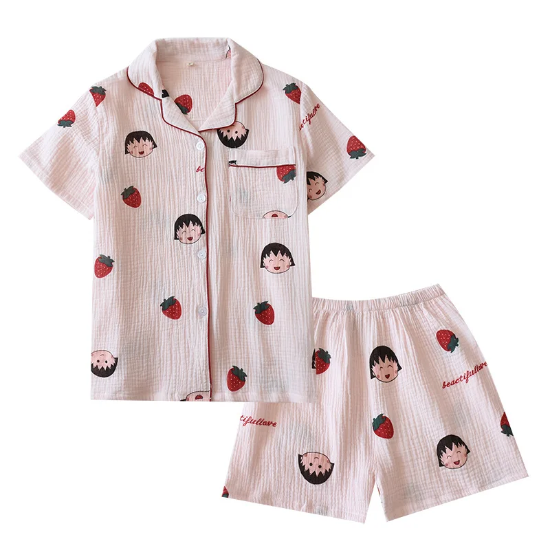 Summer Double Gauze Pajamas Casual Short-sleeved Shorts Home Clothes Thin Crepe Sleepwear 100% Cotton Cartoon Women Set 2 Piece