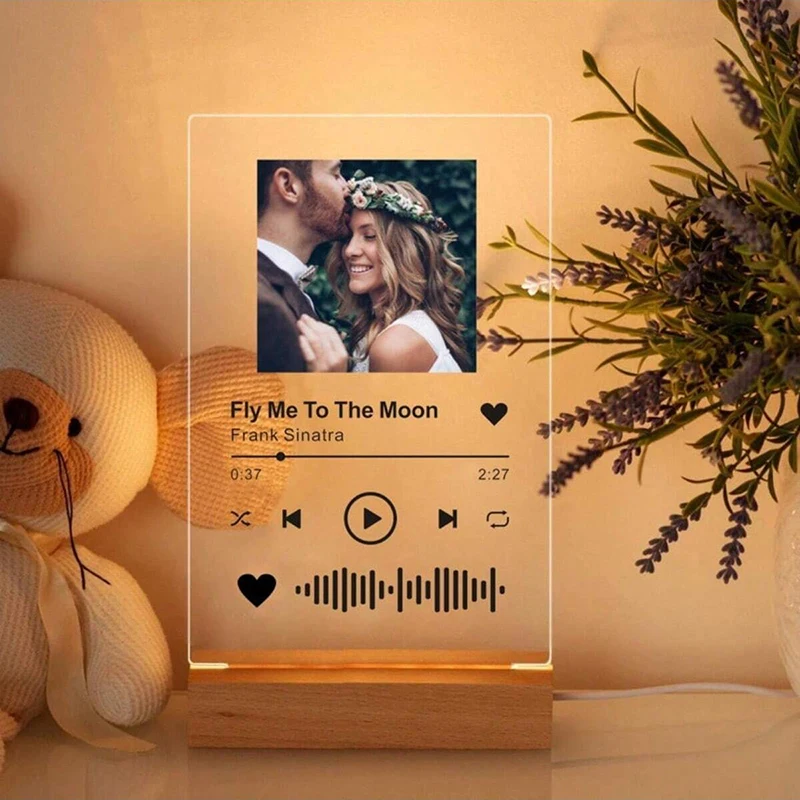 Personalized Song Photo Frame Night Light Customized Photo Text Lamp with Wooden Base 3D Acrylic Night Light for Wedding Decor