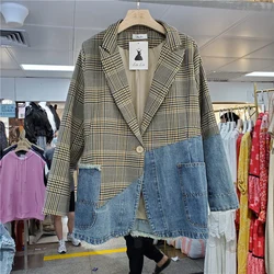 Plaid Suit Collar Blazer Splicing Denim Jacket Women Loose Mid Long Big Pocket Outerwear Suit Patchwork Jeans Jacket Coat Female