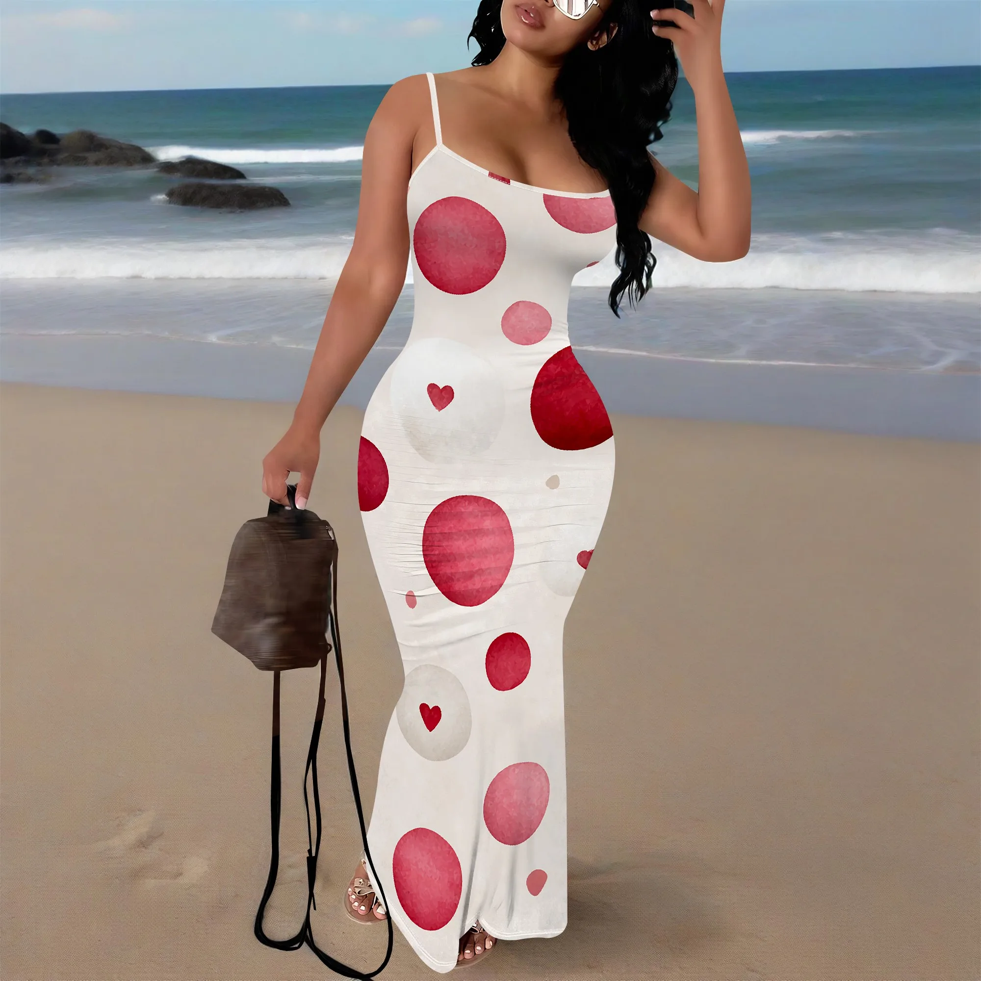 

Women's Romantic Maxi Dress Summer Red Heart Dot Print Bodycon Sling Long Sundress XS-3XL
