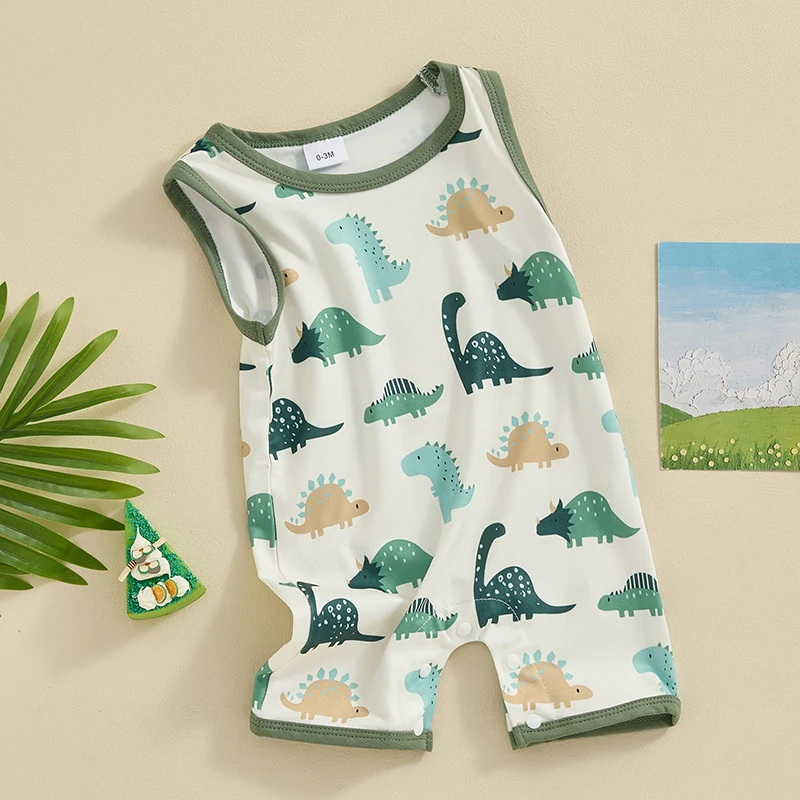 

Tregren 0-18M Newborn Baby Boy Summer Romper Fashion Sleeveless Round Neck Dinosaur Print Infant Jumpsuit Playsuit