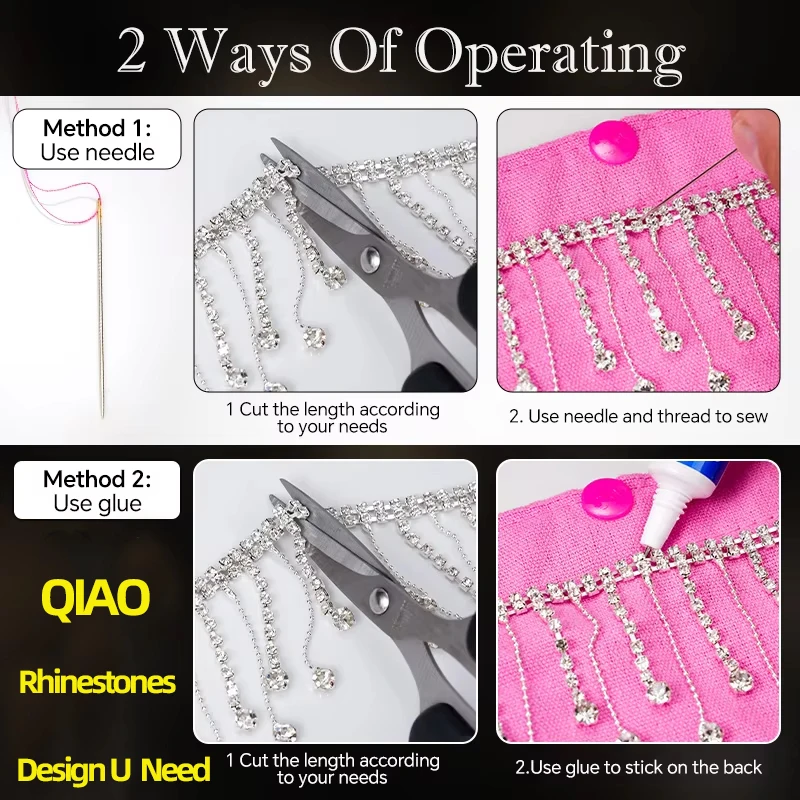 QIAO 1Yard AB/Clear Rhinestones Strips for Garment Bags Wedding Dress Crystal Trims for Party Birthday Hand Made Components