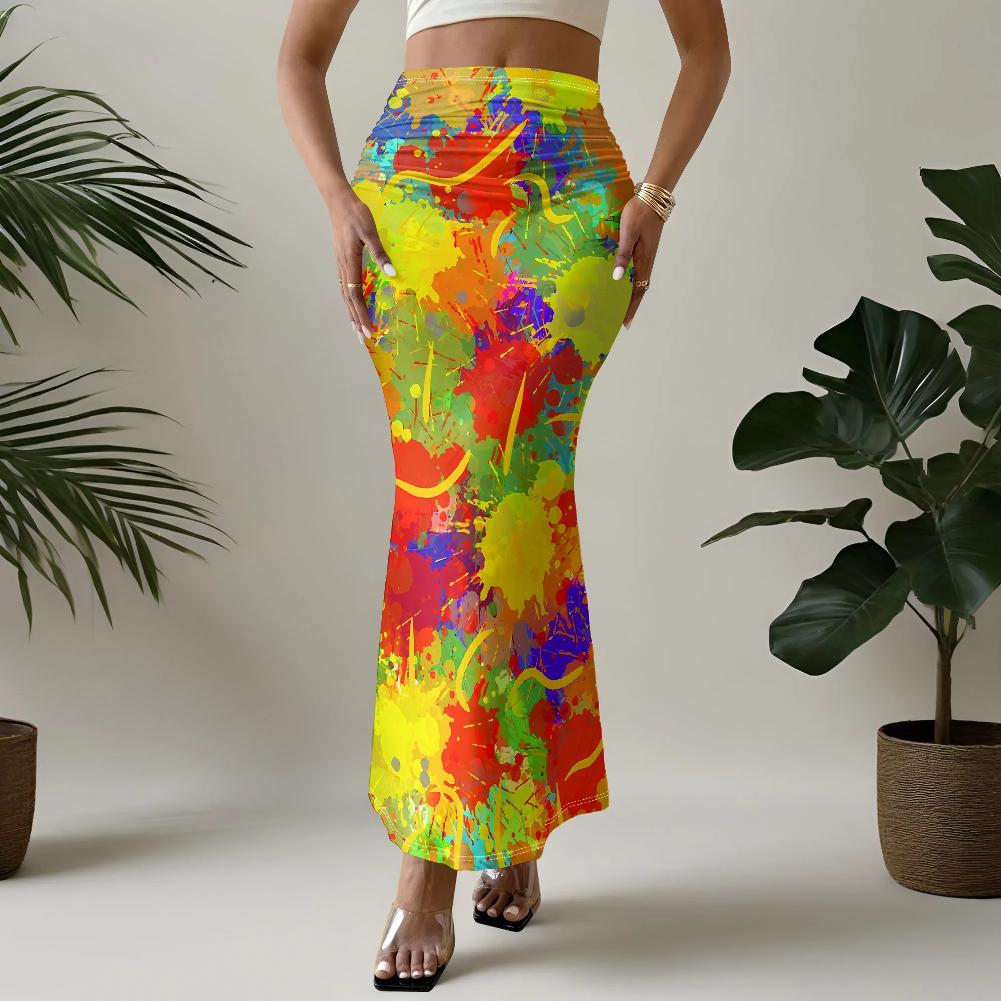 Vibrant Paint Splatter Mermaid Skirt, Colorful Graffiti Maxi Skirt, Artistic Print Long Skirt for Women Summer Beach Party S-2XL