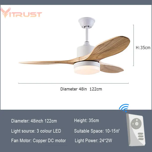 Super Queit Ceiling Fan lamp 3 Solid Wood Blades DC Motor Ceiling Fan with Light and Remote Control Indoor Pendant Fan