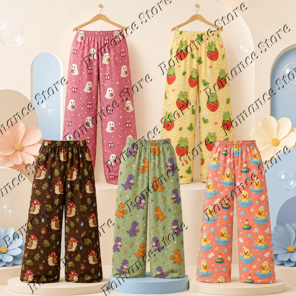 Original Kawaii Cartoon Character Women Sleep Pants Patterns Snail Dinosaur Rubber Duck Strawberry Outerwear Milk Silk Trousers