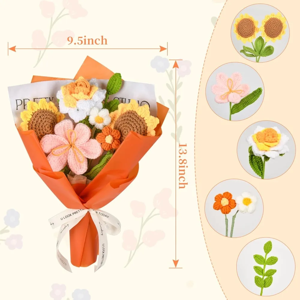 باقة زهور كروشيه هدايا زهور كروشيه مصنوعة يدويًا، ورود كروشيه توليب عباد الشمس 7 قطع لعيد الأم وحفلات الزفاف وأعياد الميلاد #3