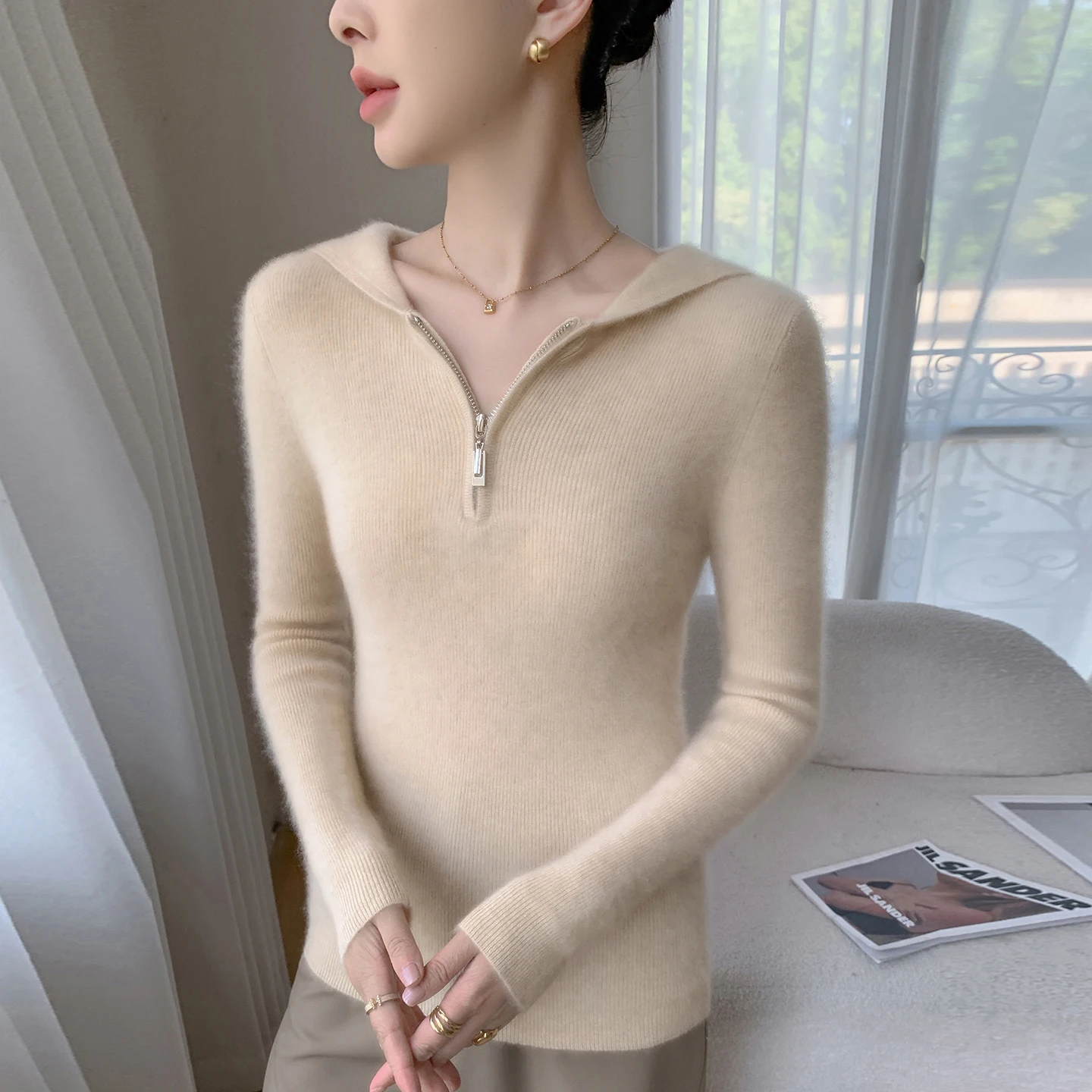 بلوفر نسائي 100% من الكشمير الخالص بنصف سحاب مفتوح سترة محبوكة بلون سادة غير رسمية بقصة ضيقة وياقة بقلنسوة سترة دافئة