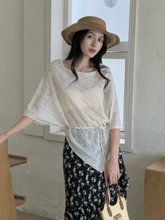 

Women's Knitted Hollow out One Shoulder Top Loose Short Sleeve Breathable Summer Casual Style Mid-Length T-Shirt