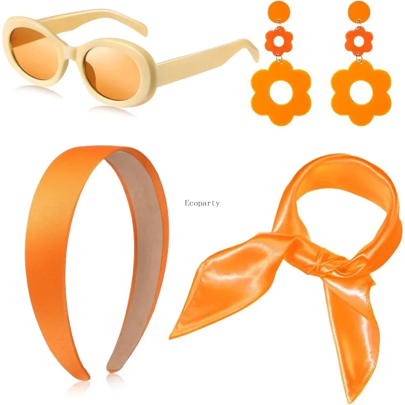 

4 Pcs 70s 60s Accessories Women Hippie Disco Groovy Costume Accessories Headband Dangle Earrings Sunglasses Satin Scarf Disfraz