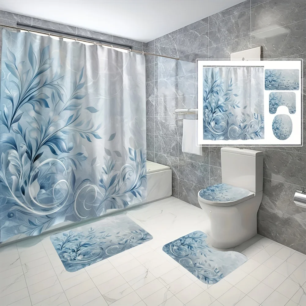 

4pcs Blue Small Flower Digital Printed Polyester Shower Curtain Non Perforated Partition Bathroom And Bathroom Four Piece Set