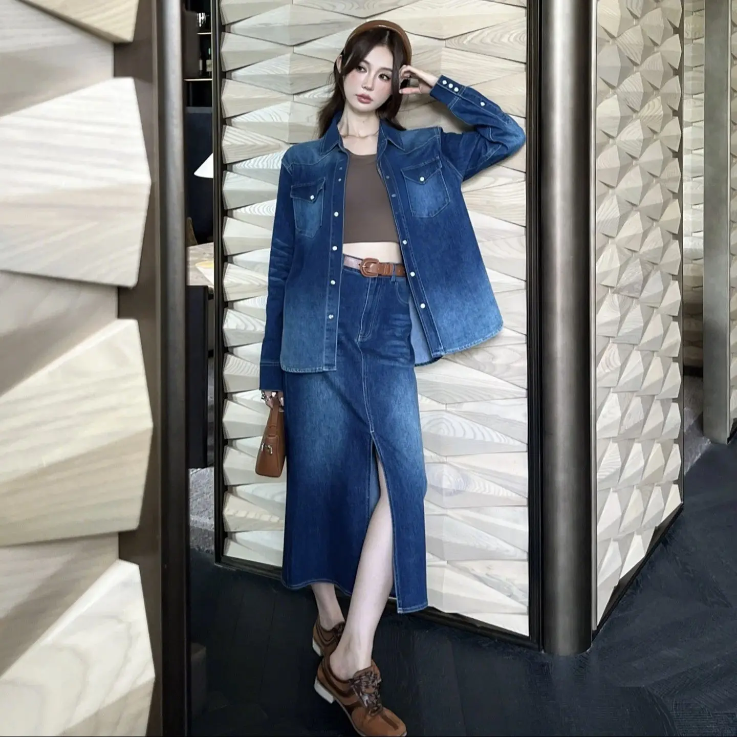 

2025 New Spring and Summer Premium Commuter Casual Denim Shirt Skirt Set