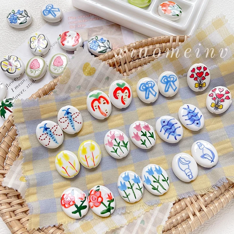 6pcs Hand-Painted Ceramic Multi-Style Fun Tulip Strawberry Fish Double-Sided Beaded Diy Handmade Loose Beaded