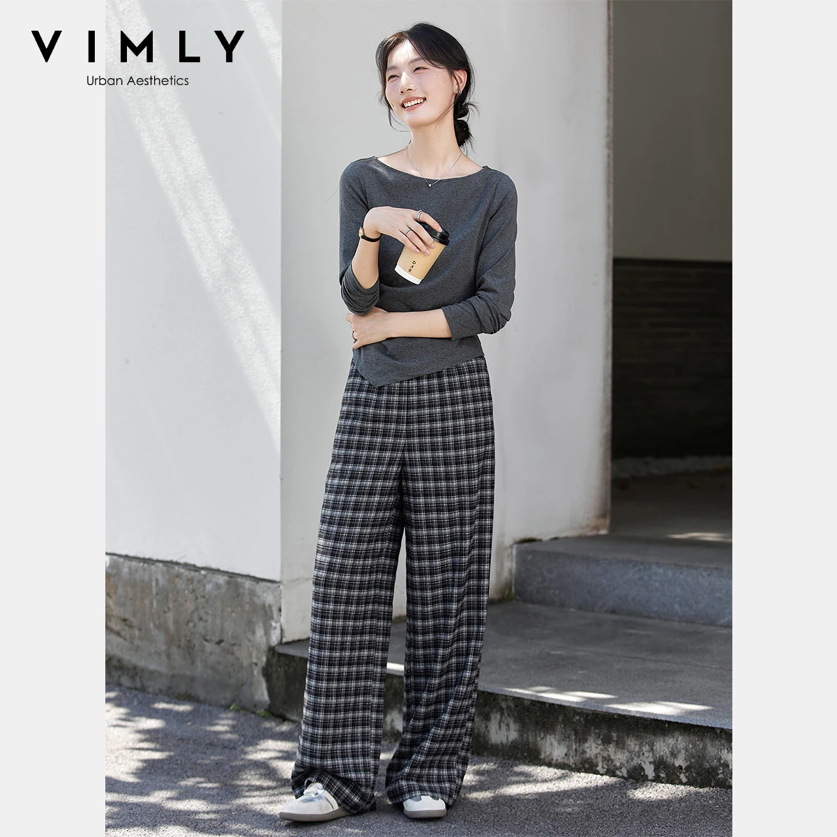 

VIMLY Women's Casual Pant Suits Autumn 2025 Grey Slash Neck Folds Tops Plaid Wide Legs Long Pants Knit Female Trouser Sets A3090