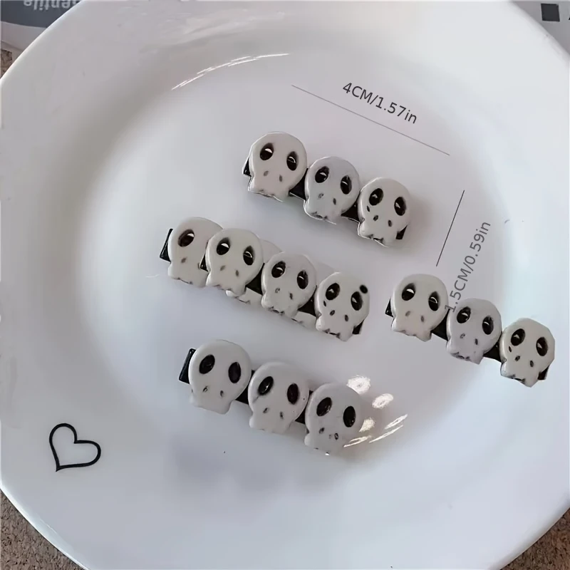 2/5pcs Skull Hair Clips,Matte Acrylic Halloween Hair Accessories,White Skull Design with Black Serrated Pattern,Hair Accessories view 3