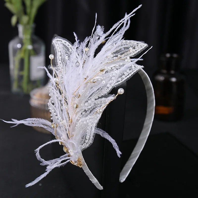 Bridal Crown Feather Headwear Wedding Headbands Headdress Pearl Rhinestone Hairbands Bride Hair Jewelry Guest wedding headdress