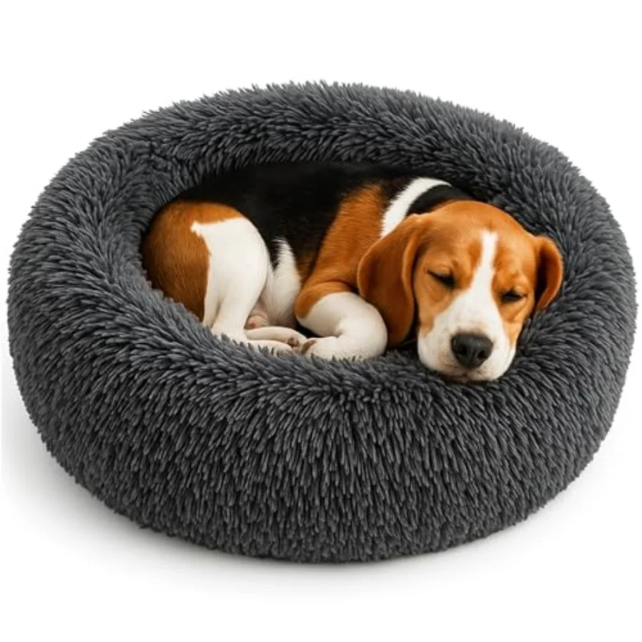 

Уютная лежанка для собак - Пушистая ортопедическая лежанка-пончик для снятия тревоги с нескользящим дном, уютное круглое гнездо из искусственного меха для питомцев